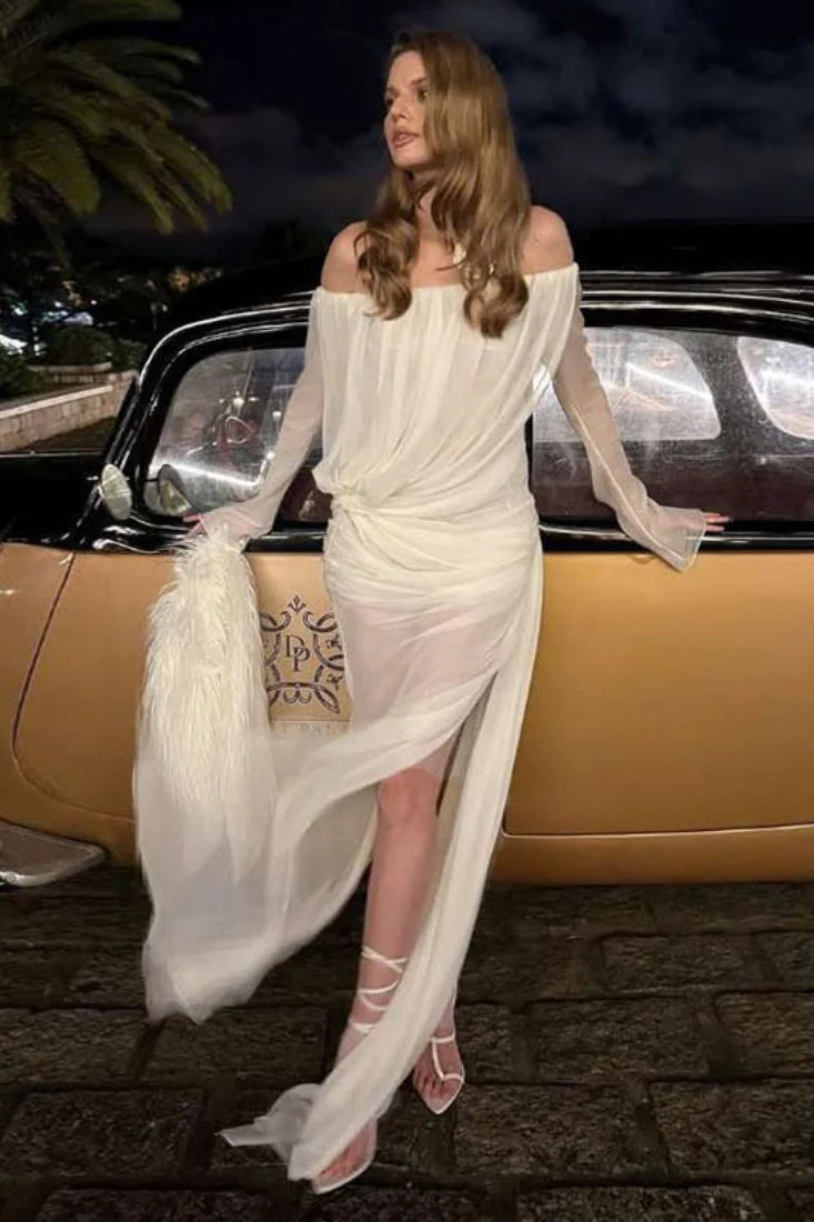 Solid Mesh Sheer Off Shoulder Ruched Elegant Maxi Dress - Image 11