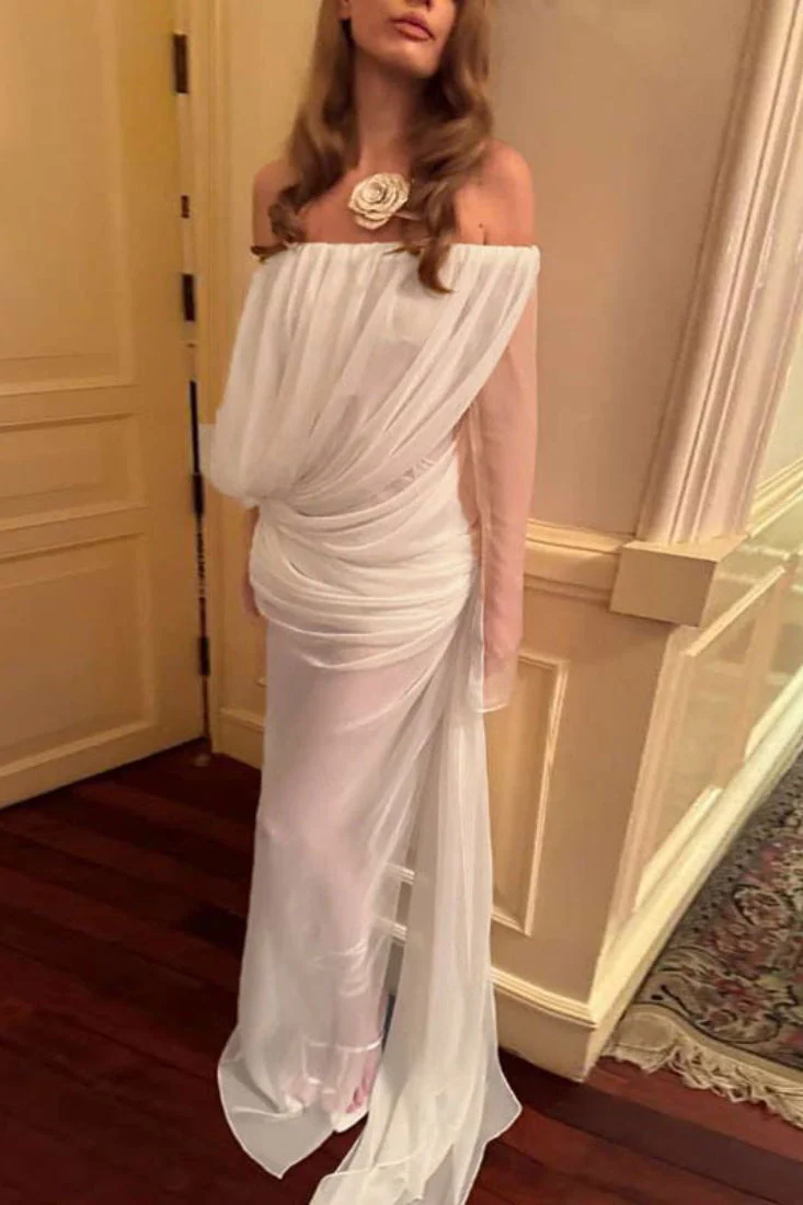 Solid Mesh Sheer Off Shoulder Ruched Elegant Maxi Dress - Image 12