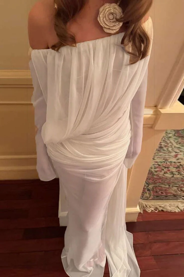 Solid Mesh Sheer Off Shoulder Ruched Elegant Maxi Dress - Image 13