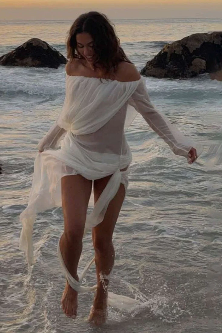 Solid Mesh Sheer Off Shoulder Ruched Elegant Maxi Dress - Image 14