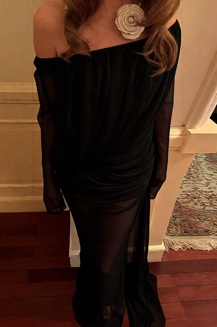 Solid Mesh Sheer Off Shoulder Ruched Elegant Maxi Dress - Image 16