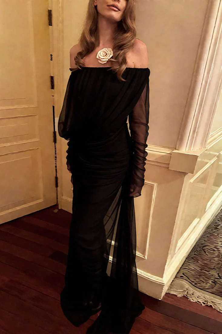 Solid Mesh Sheer Off Shoulder Ruched Elegant Maxi Dress - Image 17