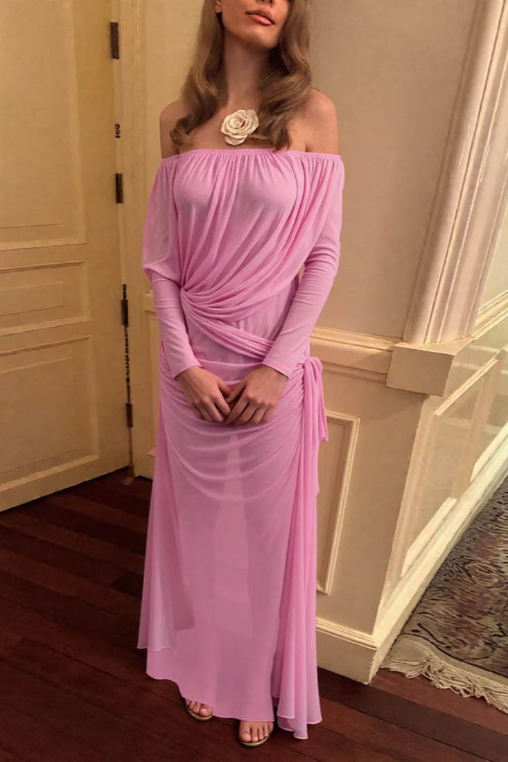 Solid Mesh Sheer Off Shoulder Ruched Elegant Maxi Dress - Image 4