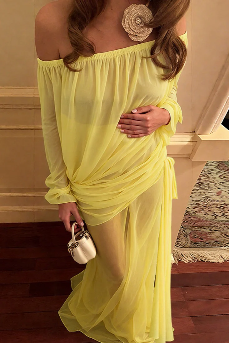 Solid Mesh Sheer Off Shoulder Ruched Elegant Maxi Dress - Image 7