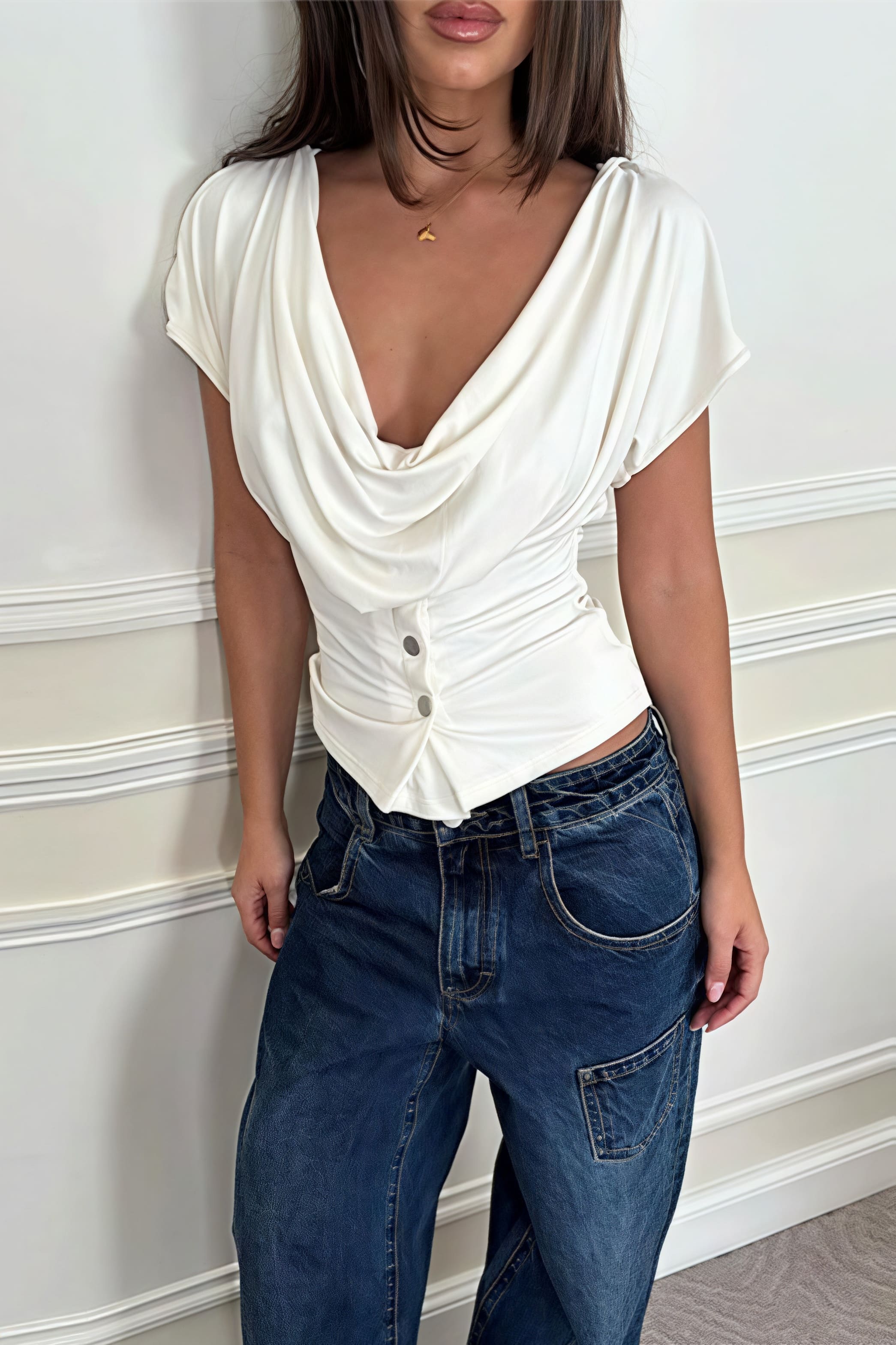 Solid Minimalist Cowl Neck Slim Short Sleeve T-shirt - Image 4