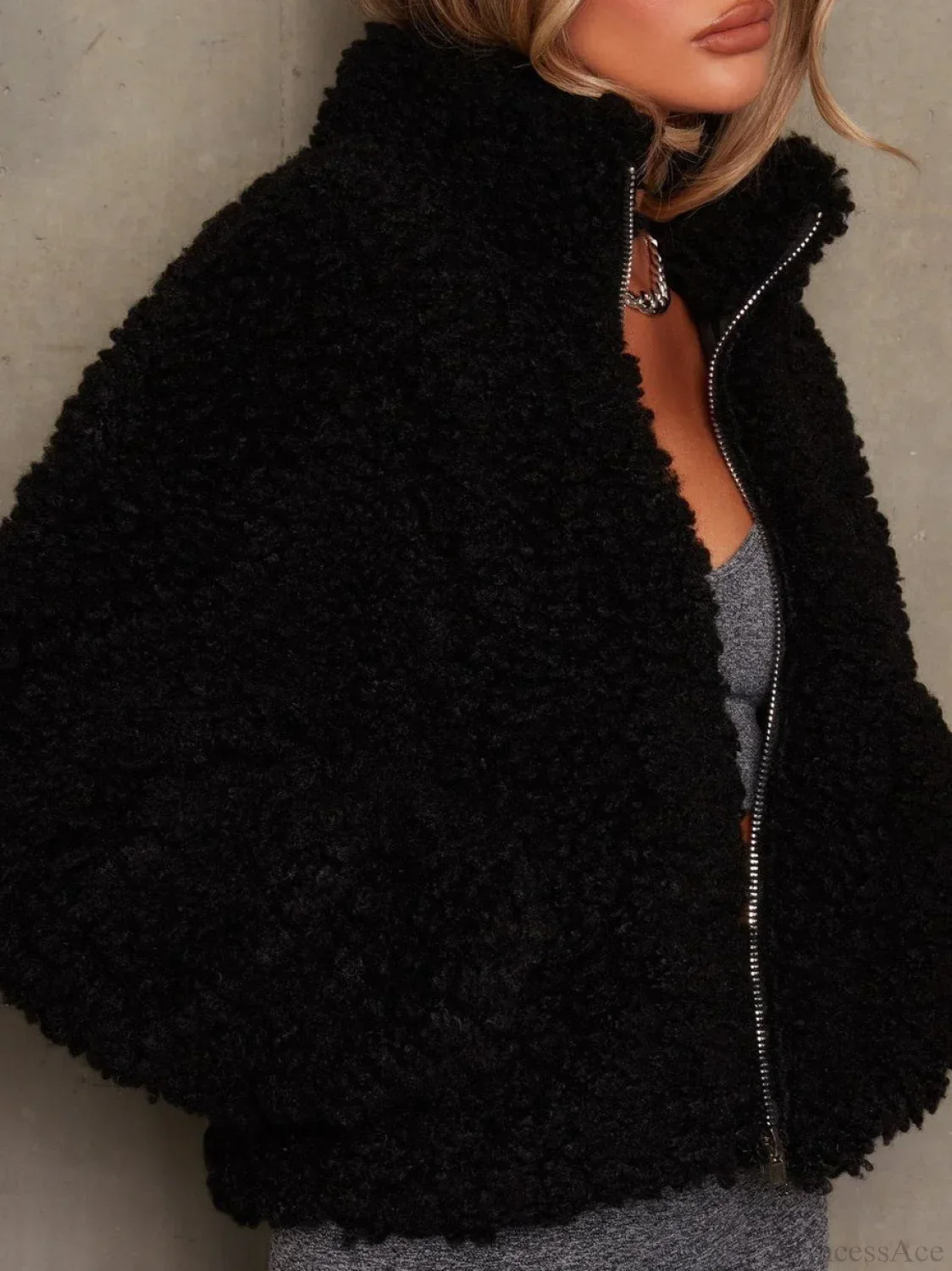 Solid Minimalist Sherpa Cropped Fuzzy Coat - Image 7