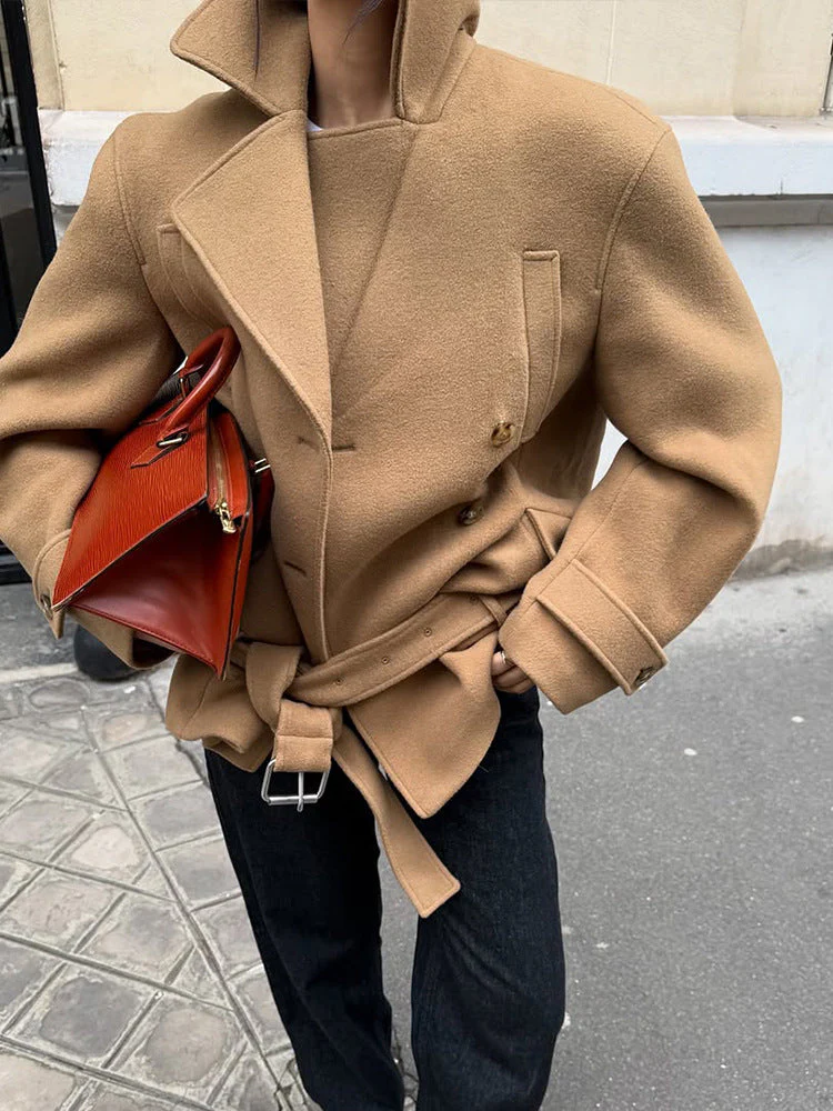Solid Minimalist Tie Waist Thickened Coat - Image 2