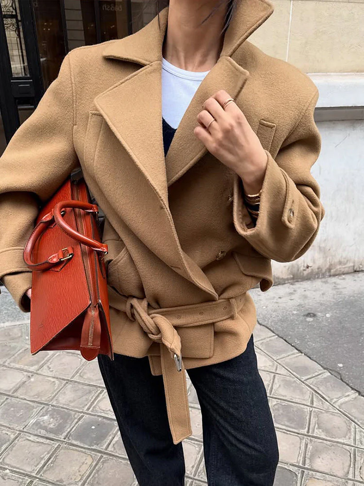 Solid Minimalist Tie Waist Thickened Coat - Image 3