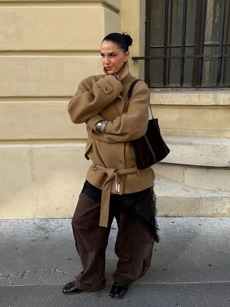 Solid Minimalist Tie Waist Thickened Coat - Image 4