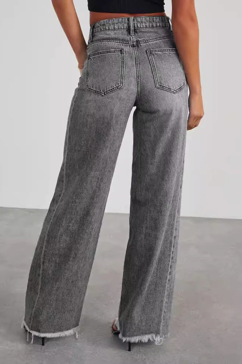 Solid Minimalist Washed Wide Leg Jeans - Image 3