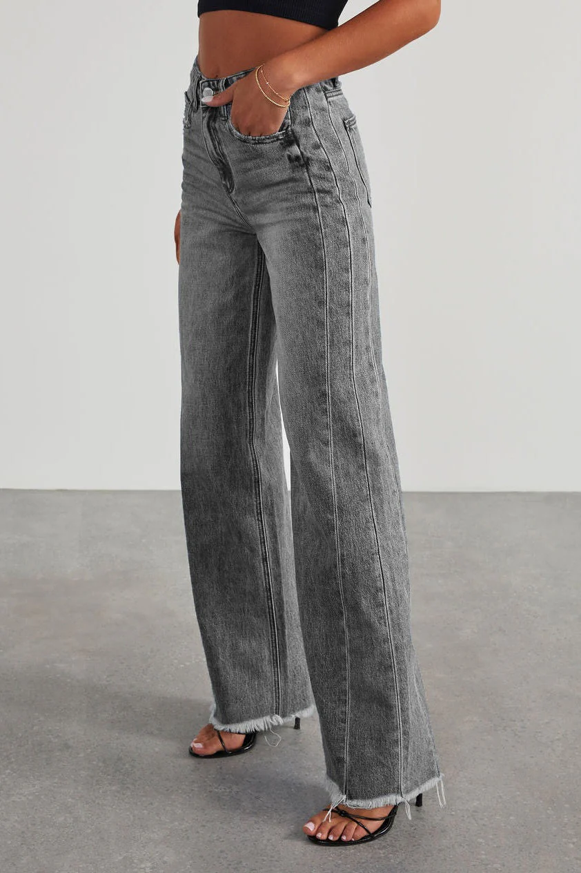 Solid Minimalist Washed Wide Leg Jeans - Image 4