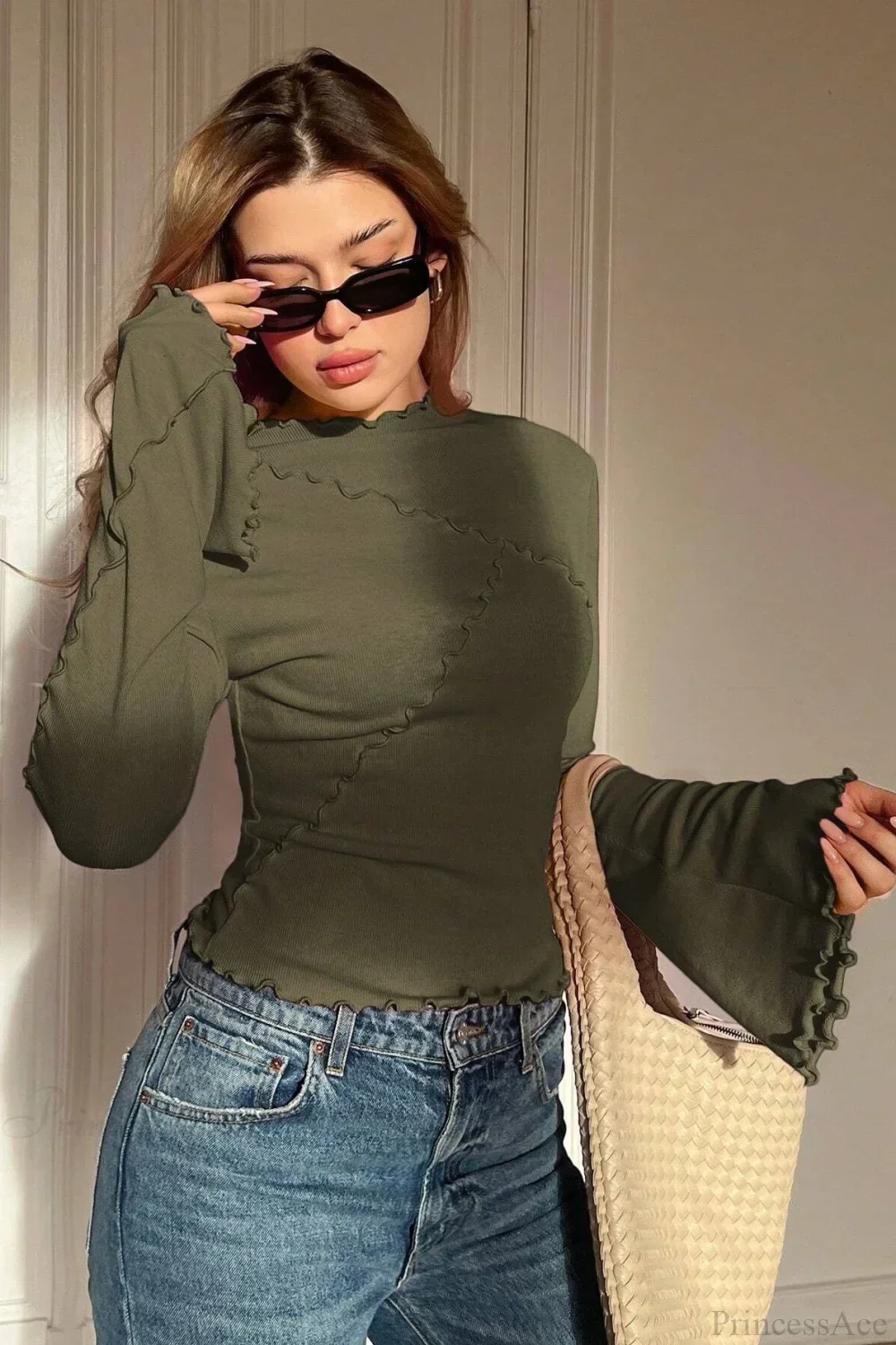 Solid Mock Neck Paneled Ruffled Long Sleeve Tee - Image 10
