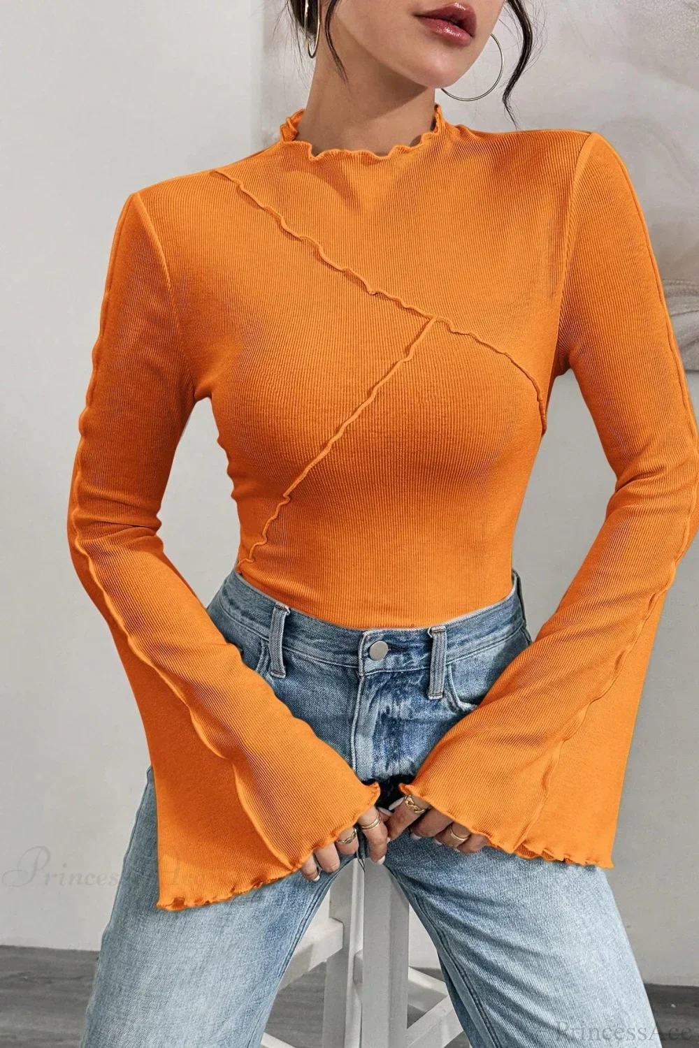 Solid Mock Neck Paneled Ruffled Long Sleeve Tee - Image 15