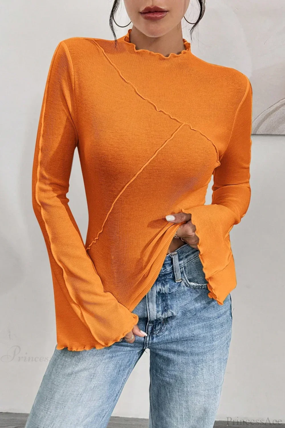 Solid Mock Neck Paneled Ruffled Long Sleeve Tee - Image 16