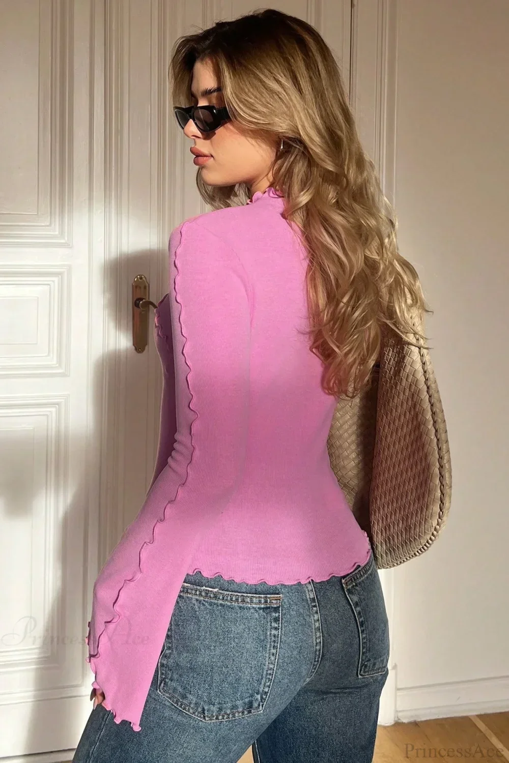 Solid Mock Neck Paneled Ruffled Long Sleeve Tee - Image 3