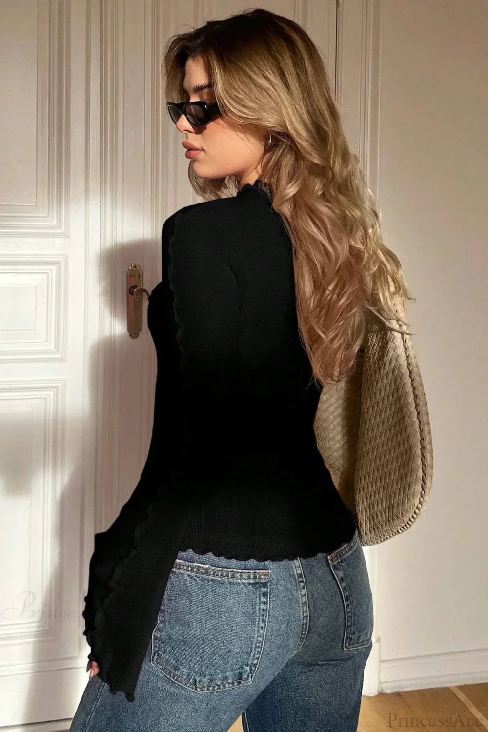 Solid Mock Neck Paneled Ruffled Long Sleeve Tee - Image 6