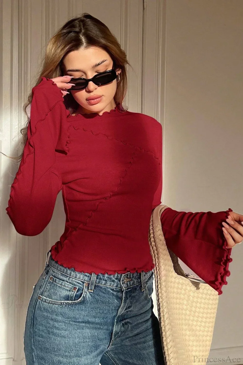 Solid Mock Neck Paneled Ruffled Long Sleeve Tee - Image 7