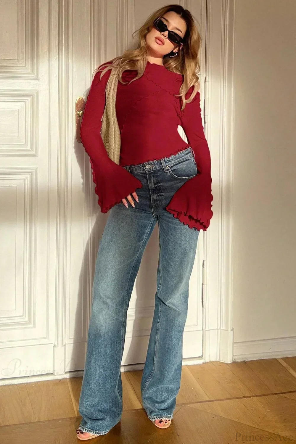 Solid Mock Neck Paneled Ruffled Long Sleeve Tee - Image 8