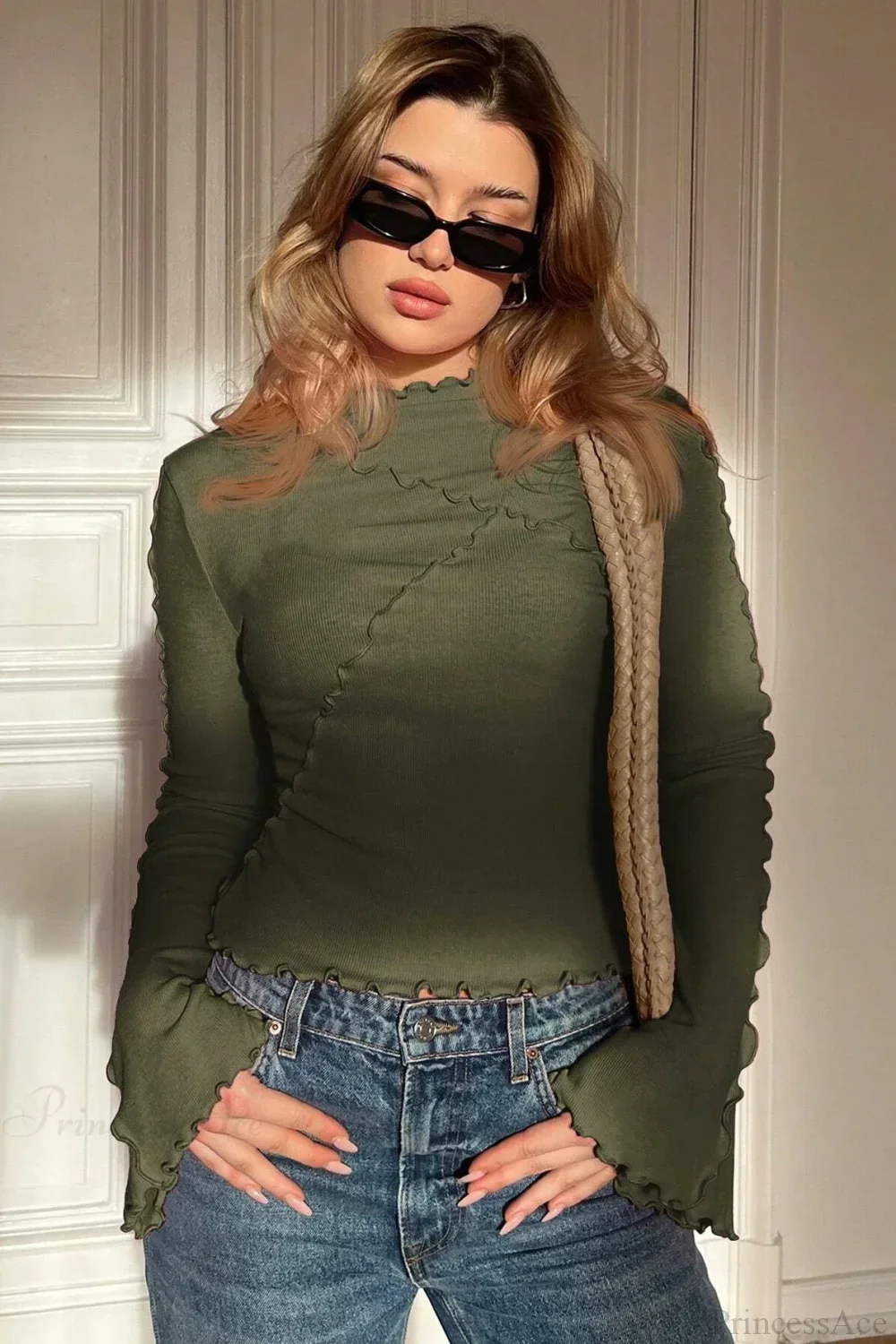 Solid Mock Neck Paneled Ruffled Long Sleeve Tee - Image 9