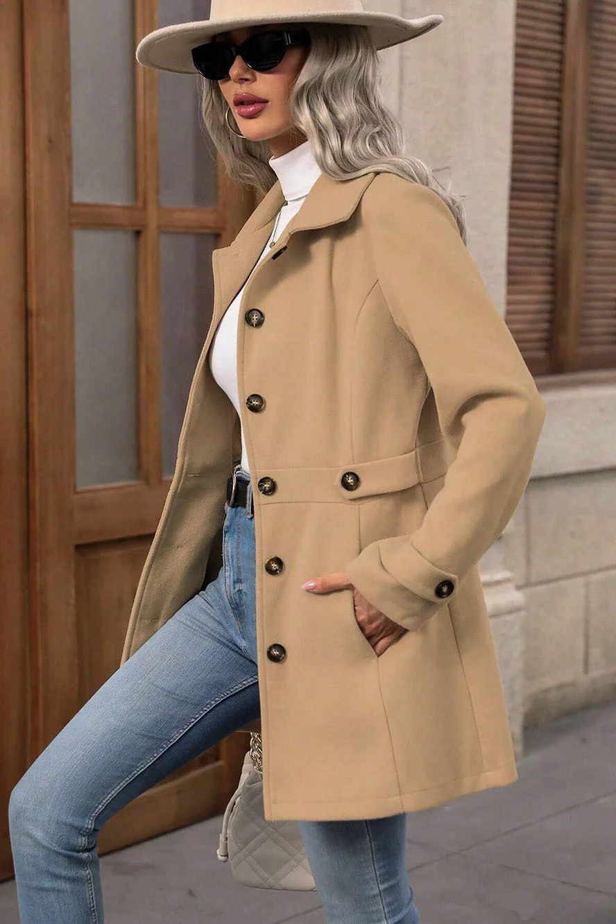 Solid Notch Lapel Buttoned Elegant Wool Blend Jacket - Image 3