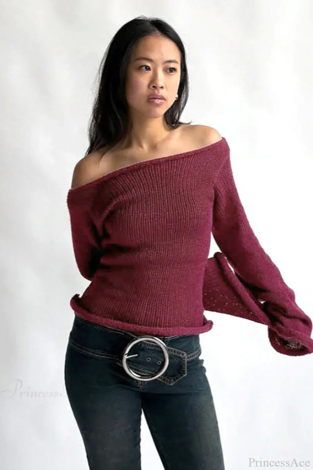 Solid Off Shoulder Rolled Edge Loose Knit Sweater - Image 2