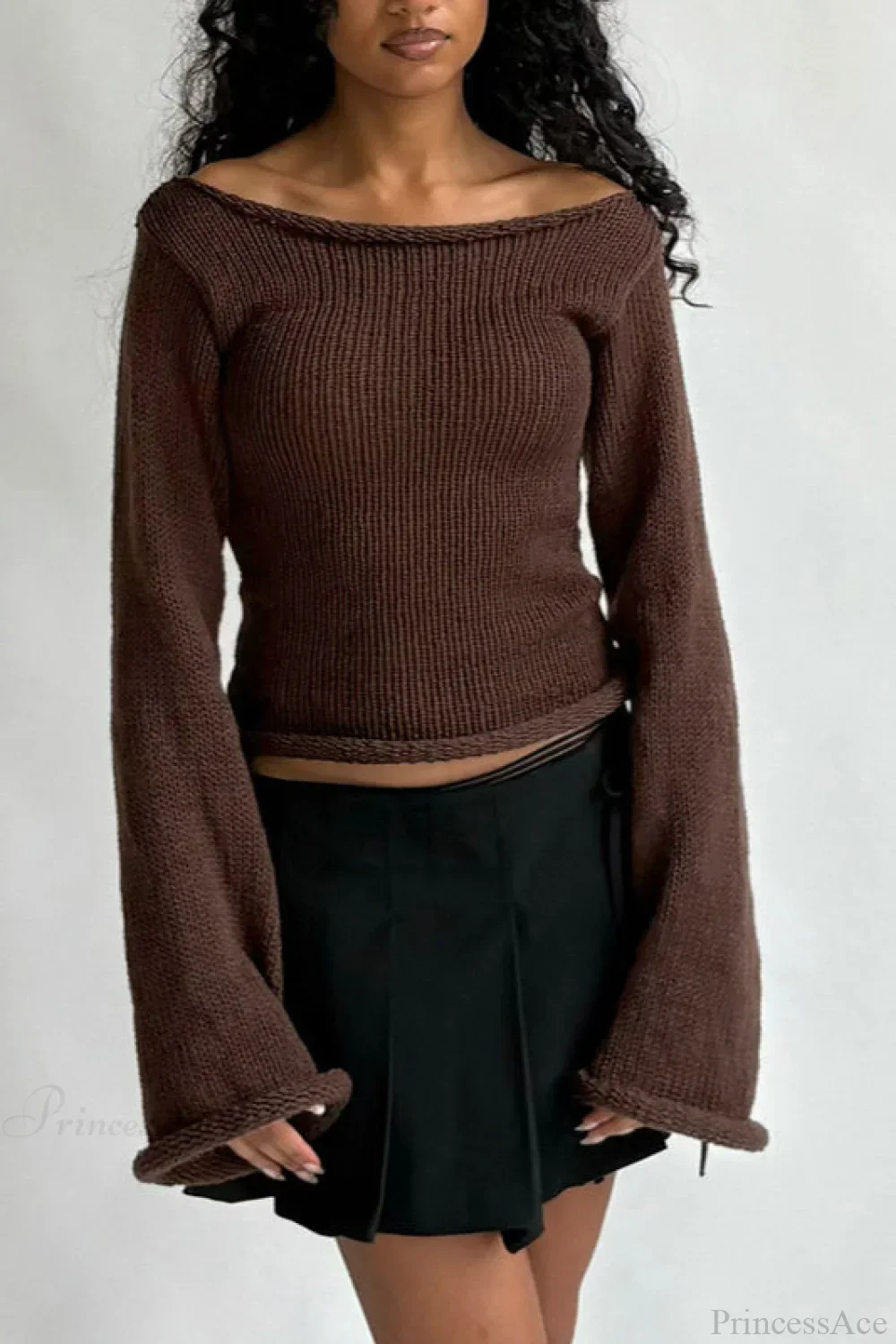 Solid Off Shoulder Rolled Edge Loose Knit Sweater - Image 4