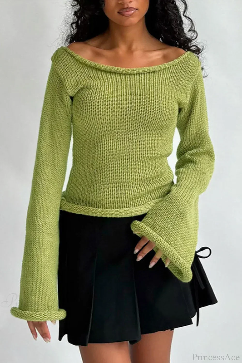 Solid Off Shoulder Rolled Edge Loose Knit Sweater - Image 5