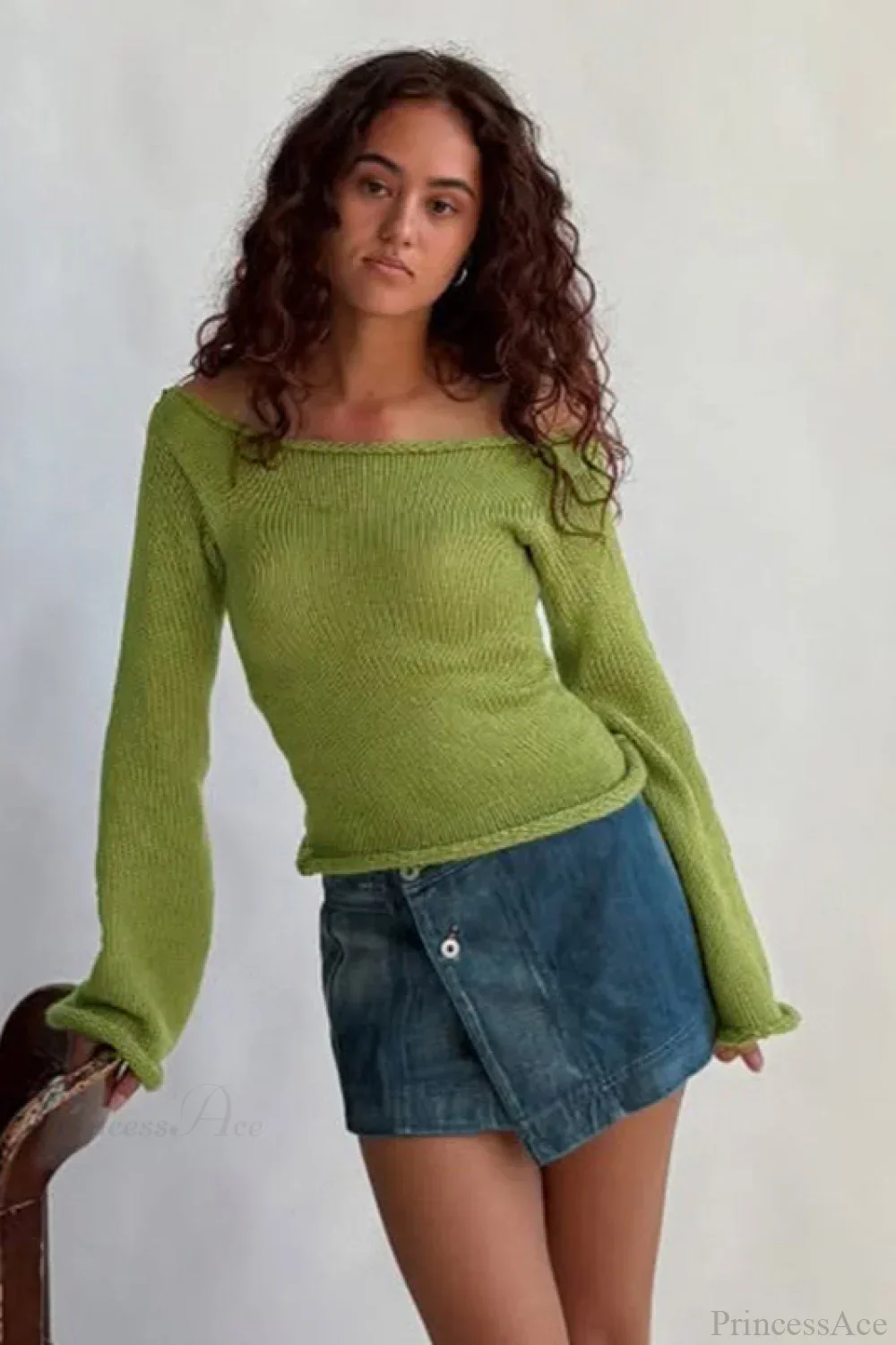 Solid Off Shoulder Rolled Edge Loose Knit Sweater - Image 6