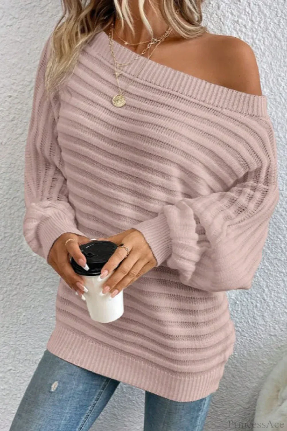 Solid Off-the-Shoulder Batwing Sleeve Sweater - Image 10