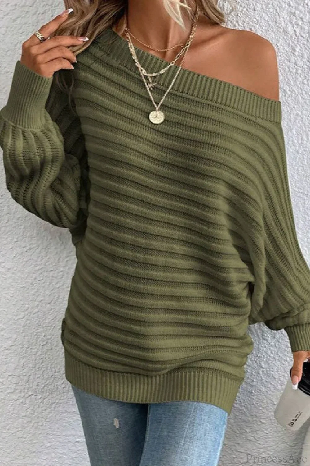 Solid Off-the-Shoulder Batwing Sleeve Sweater - Image 2
