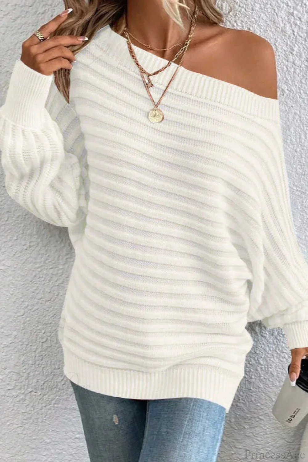 Solid Off-the-Shoulder Batwing Sleeve Sweater - Image 6