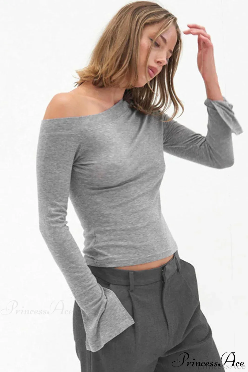 Solid One Shoulder Ruched Split Long Sleeve Tee - Image 3