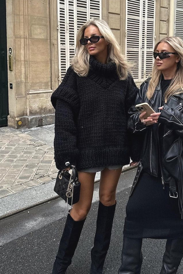 Solid Patchwork Chunky Fluffy Turtleneck Sweater - Image 8