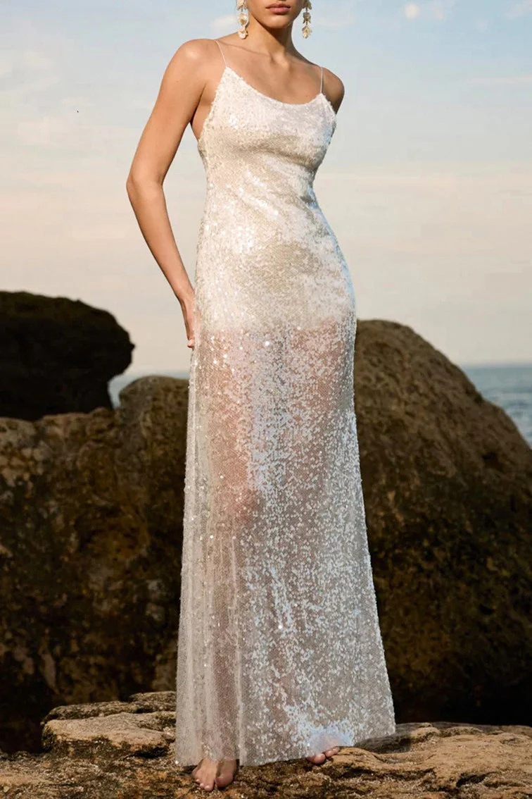 Solid Patchwork Sheer Backless Cami Sequin Maxi Dress - Image 7