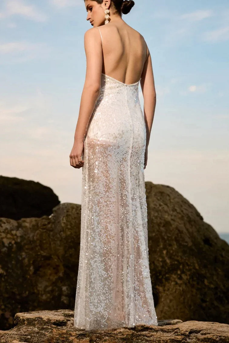 Solid Patchwork Sheer Backless Cami Sequin Maxi Dress - Image 8