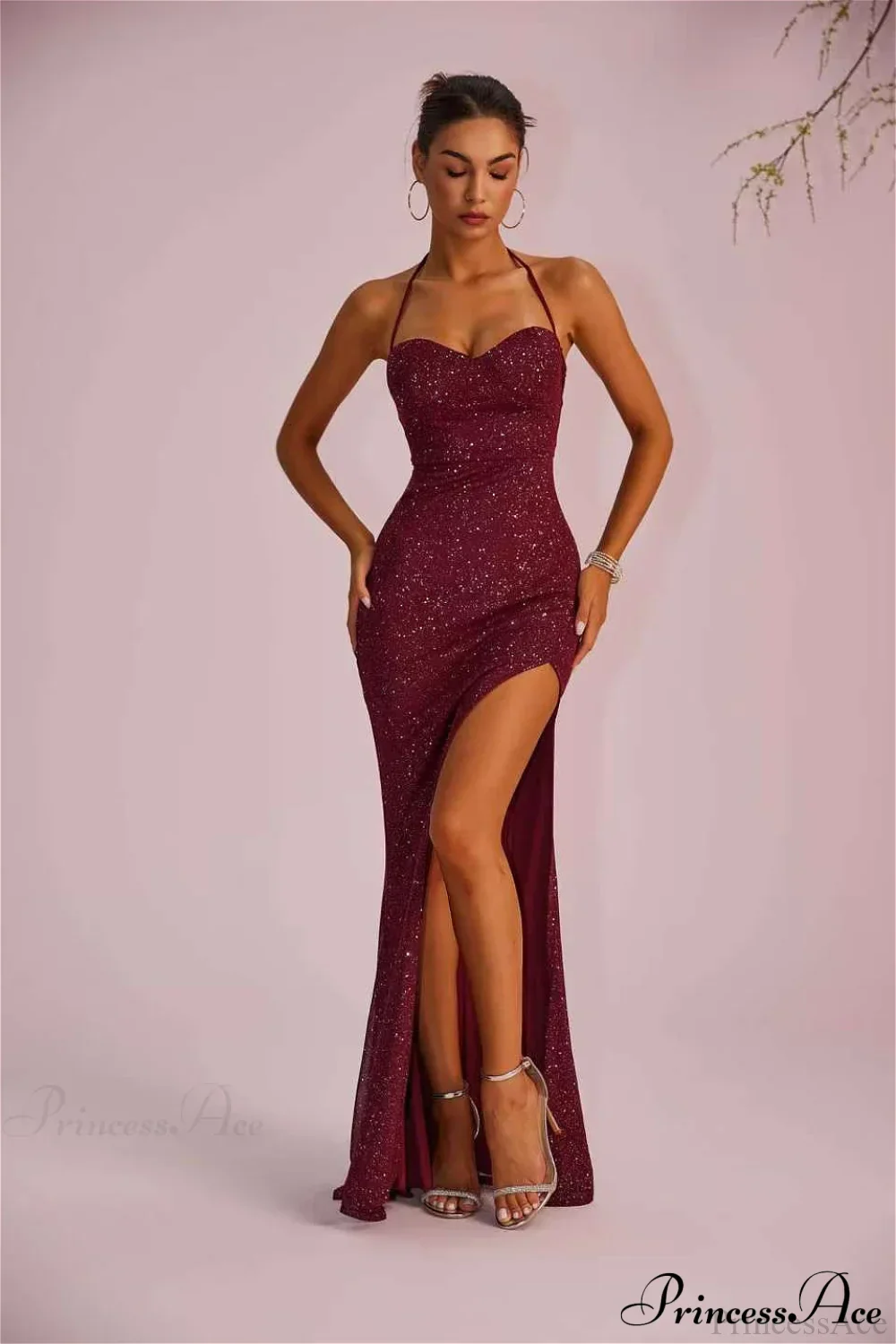 Solid Plunging Backless Slit Fitted Maxi Party Dress - Image 2