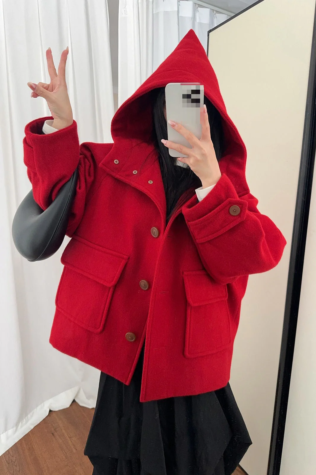 Solid Pointed Hood Button Chic Coat - Image 2