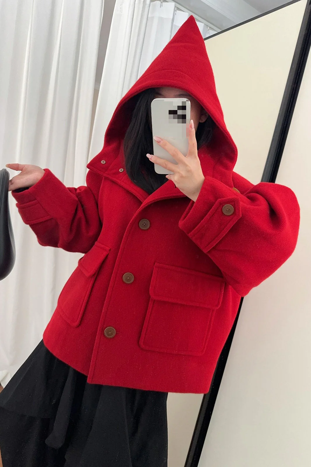 Solid Pointed Hood Button Chic Coat - Image 3