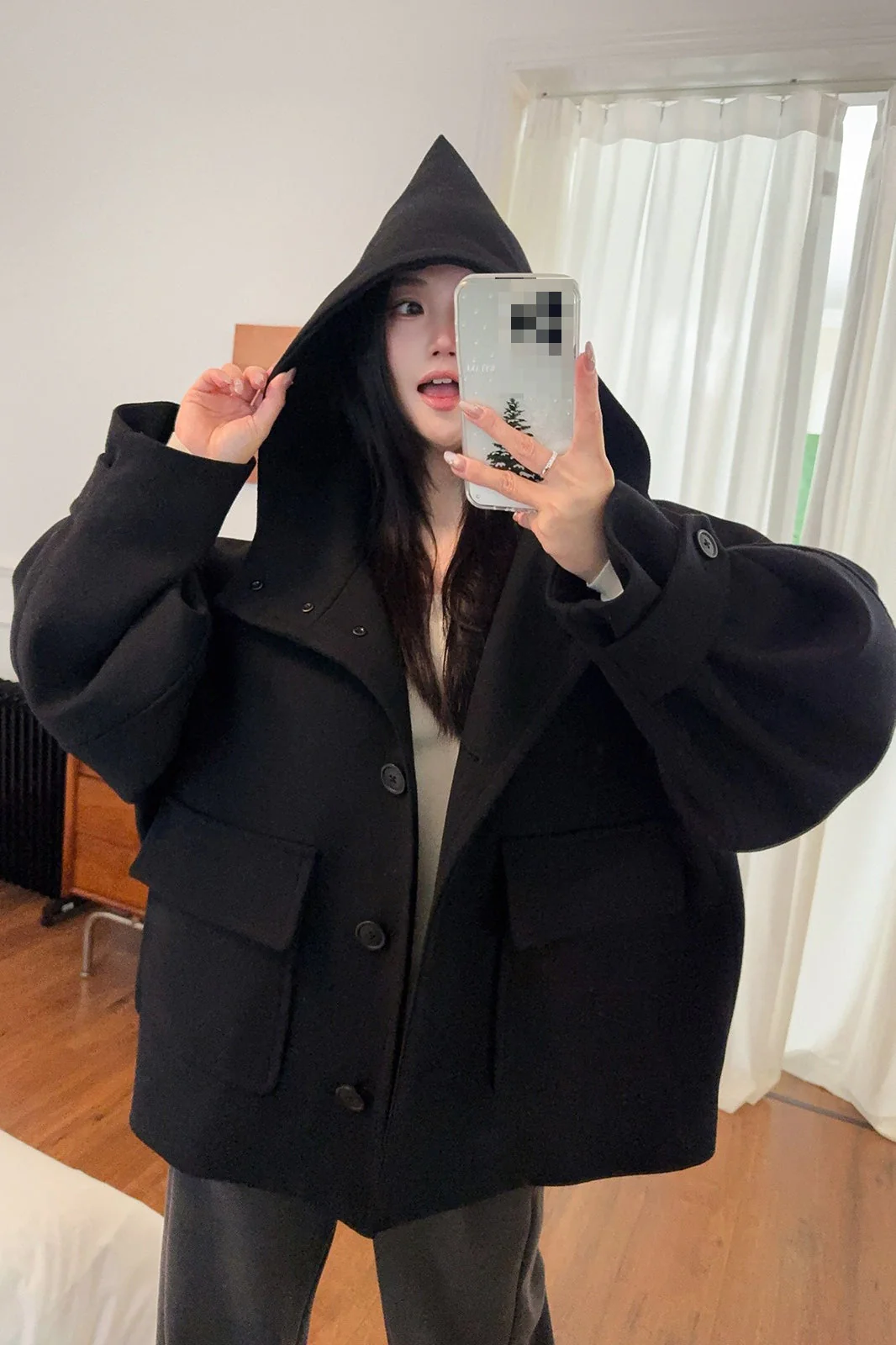 Solid Pointed Hood Button Chic Coat - Image 5