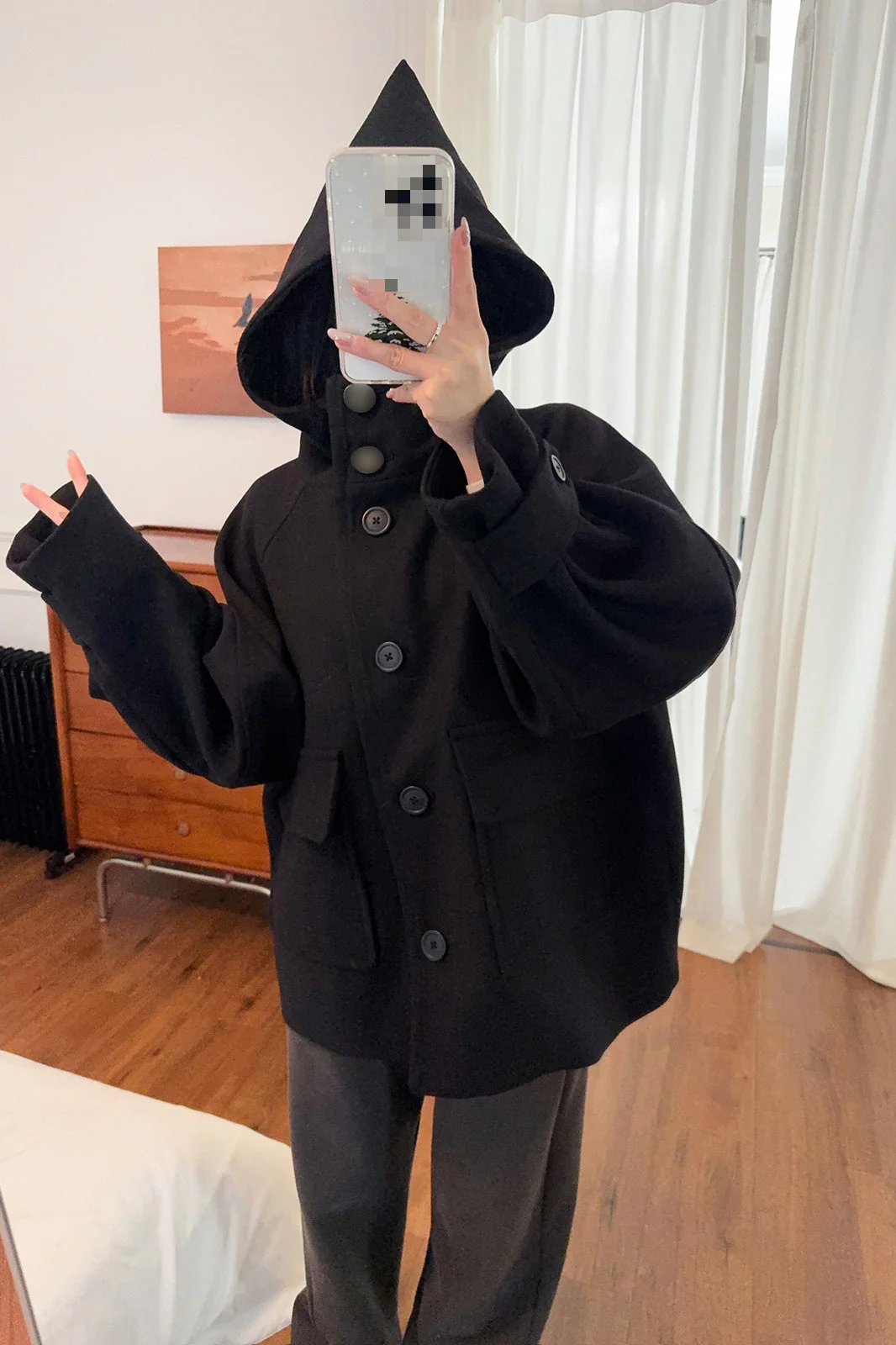 Solid Pointed Hood Button Chic Coat - Image 6