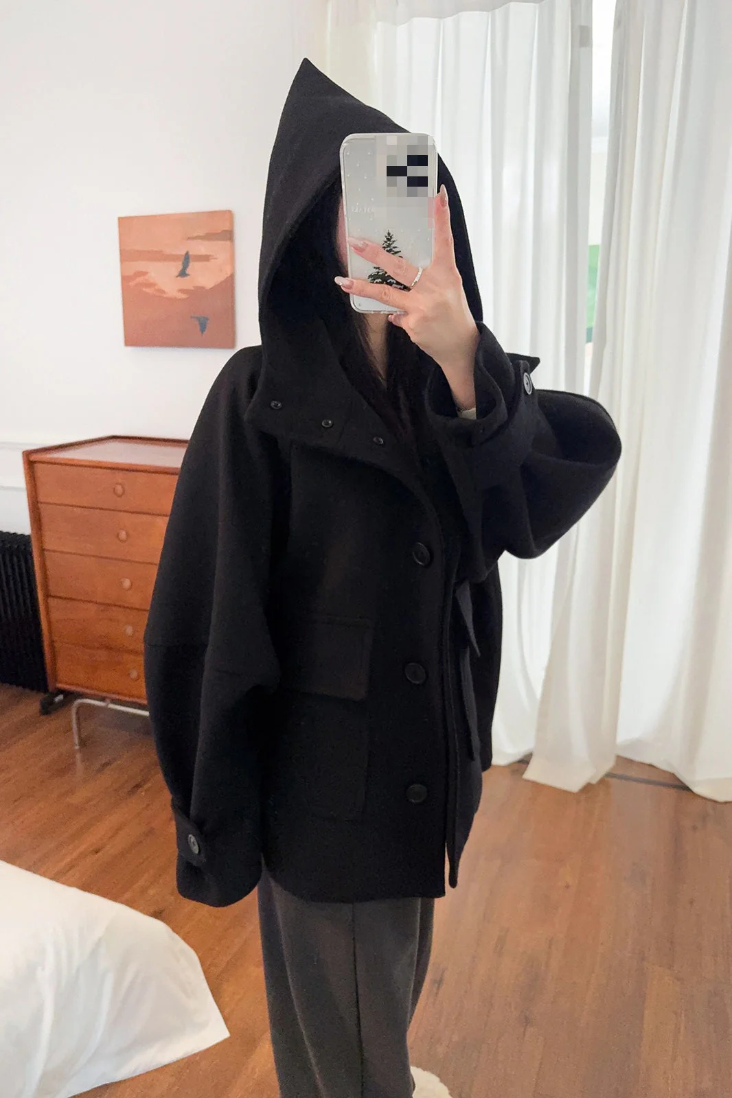 Solid Pointed Hood Button Chic Coat - Image 7