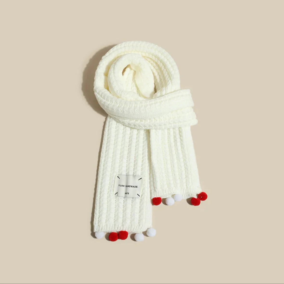 Solid Pompom Knit Scarf - Image 2