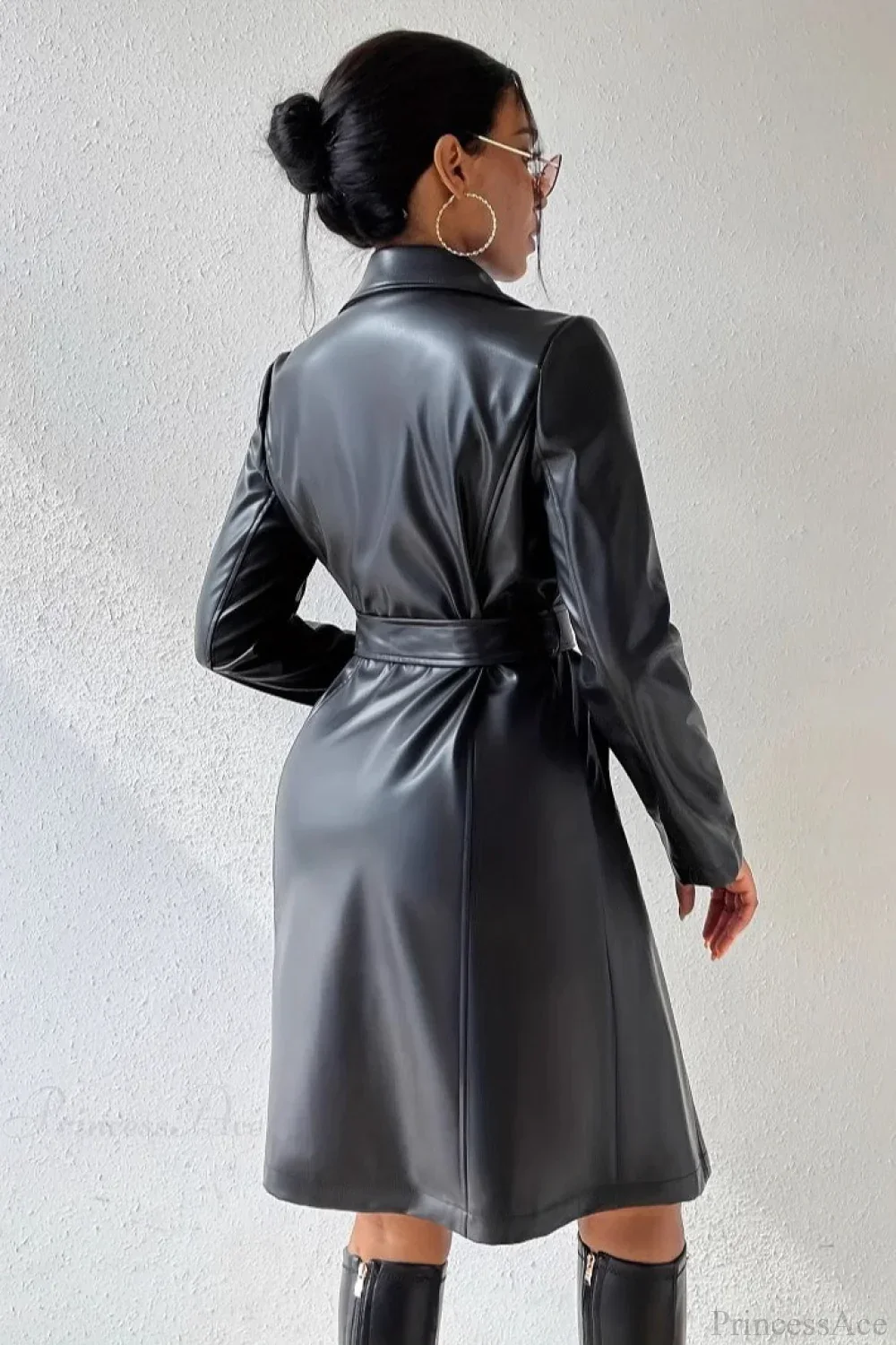 Solid PU Leather Slim-Fit Overcoat - Image 2