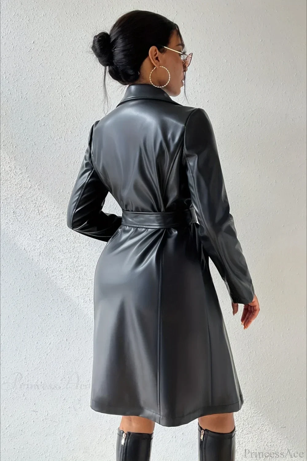 Solid PU Leather Slim-Fit Overcoat - Image 4