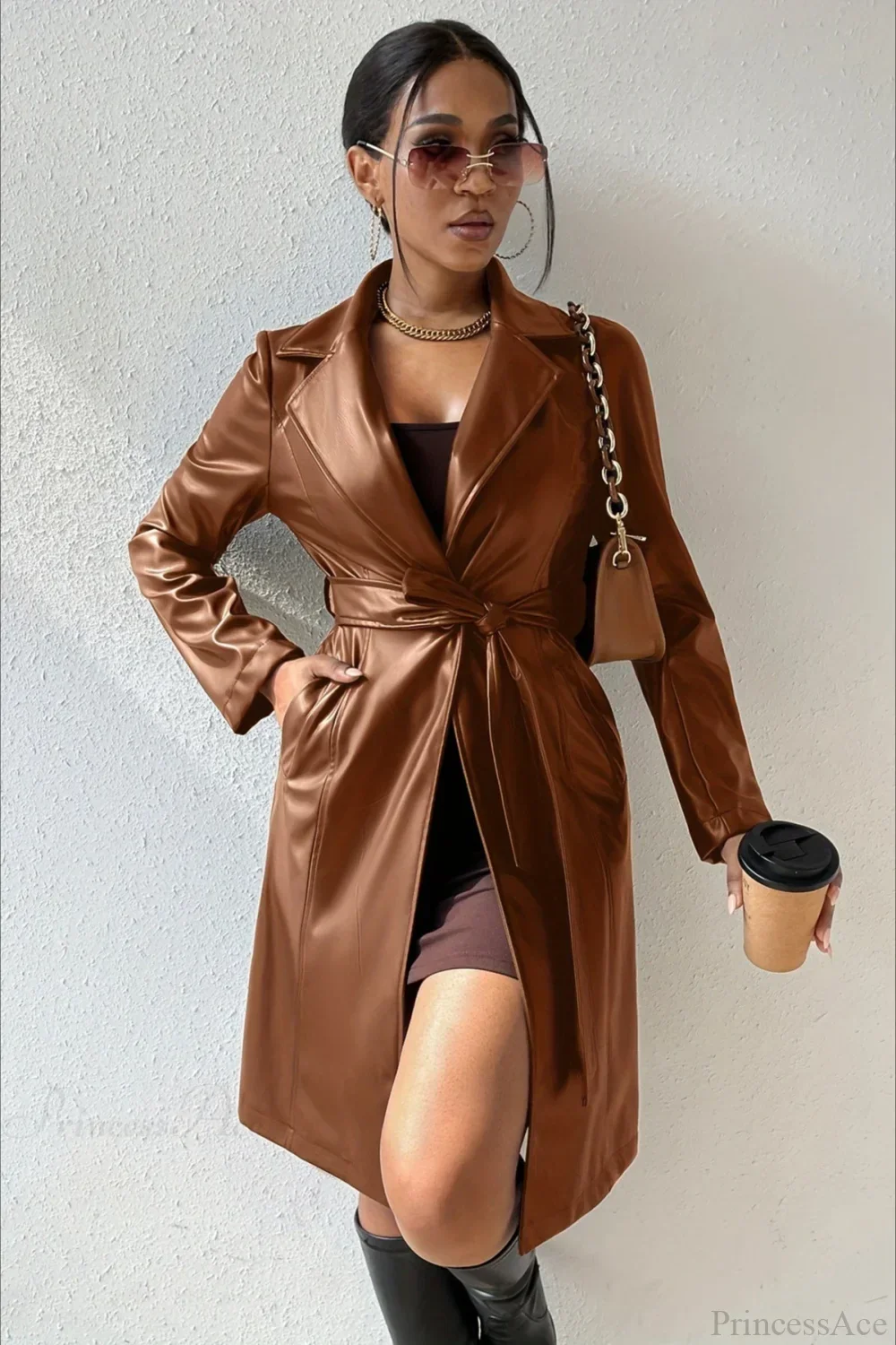 Solid PU Leather Slim-Fit Overcoat - Image 5