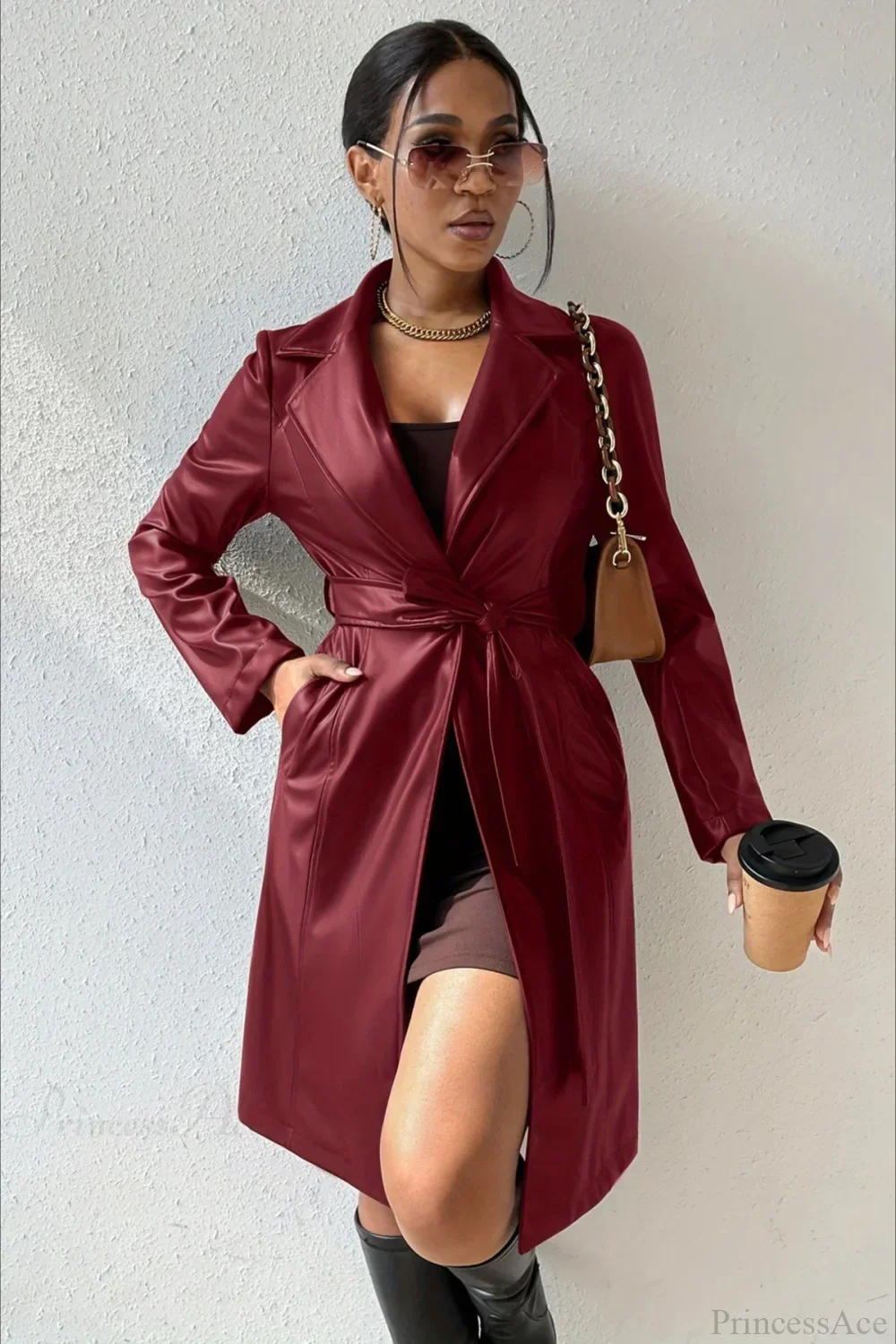 Solid PU Leather Slim-Fit Overcoat - Image 7