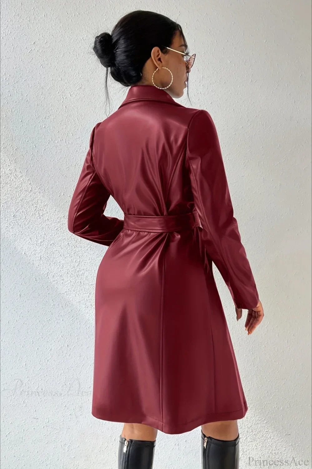 Solid PU Leather Slim-Fit Overcoat - Image 8