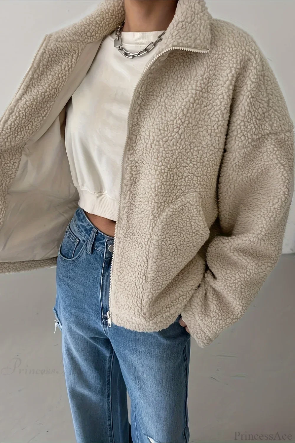 Solid Relaxed Shearling High Neck Jacket - Image 3
