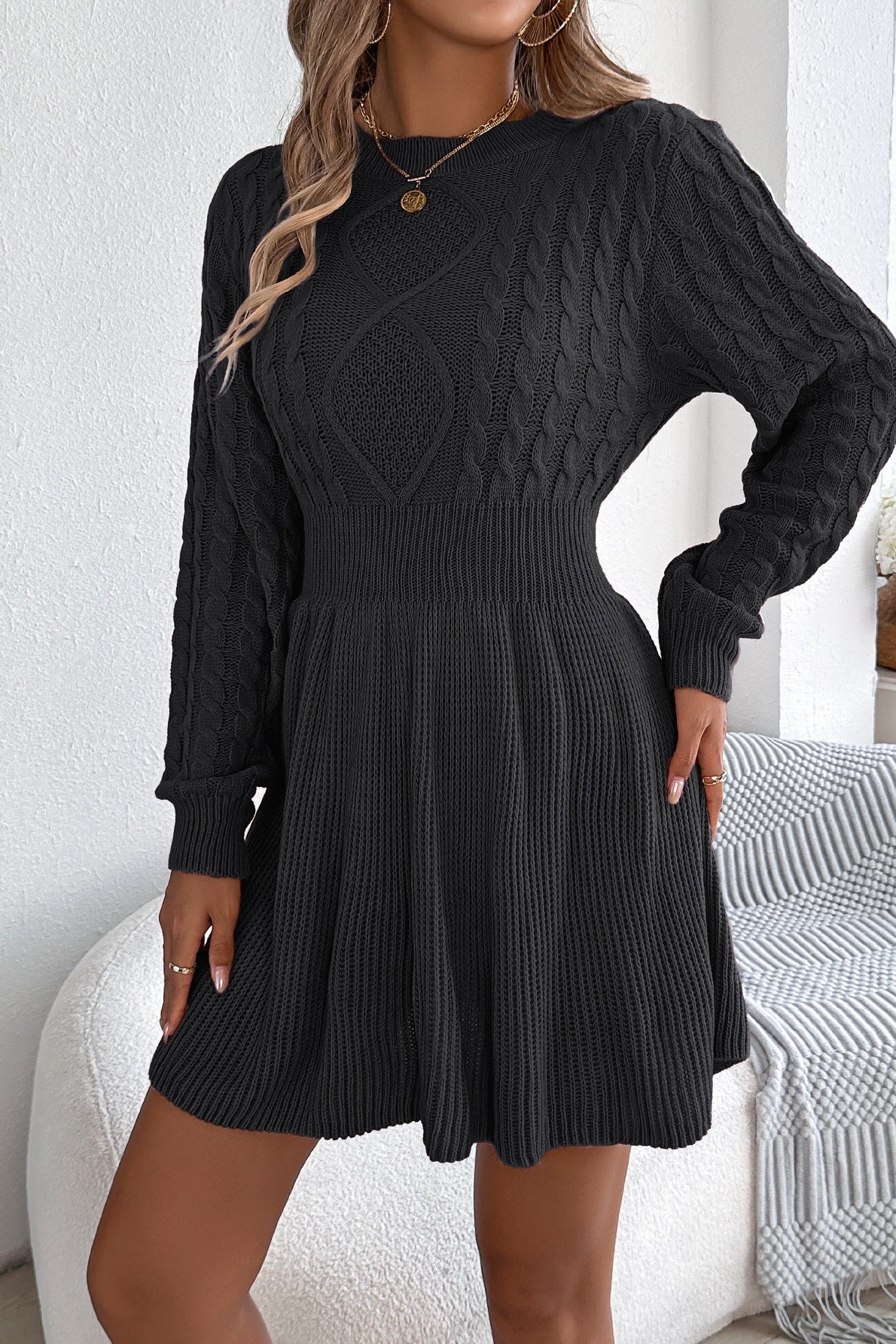 Solid Round Neck Chunk Cable Waisted Knit Mini Dress - Image 11