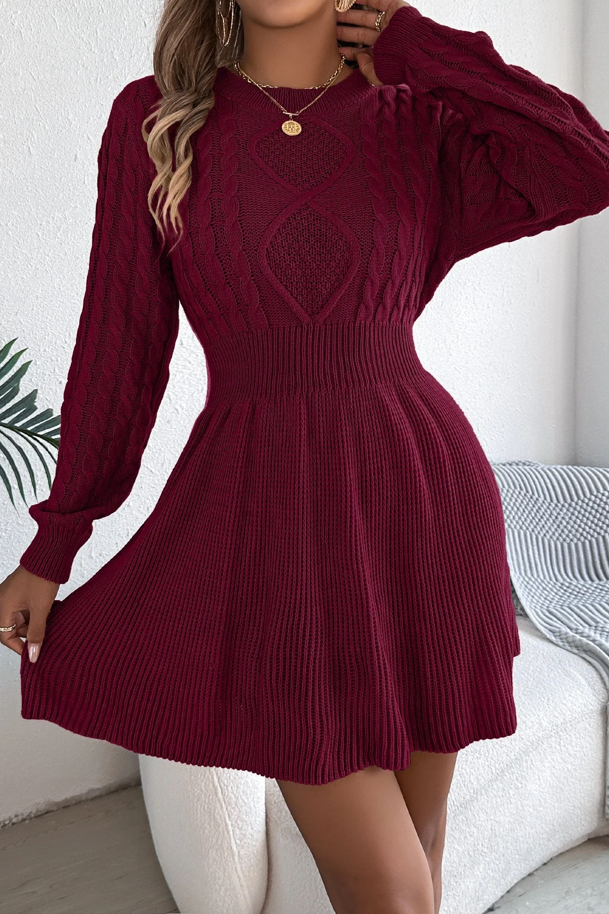 Solid Round Neck Chunk Cable Waisted Knit Mini Dress - Image 2
